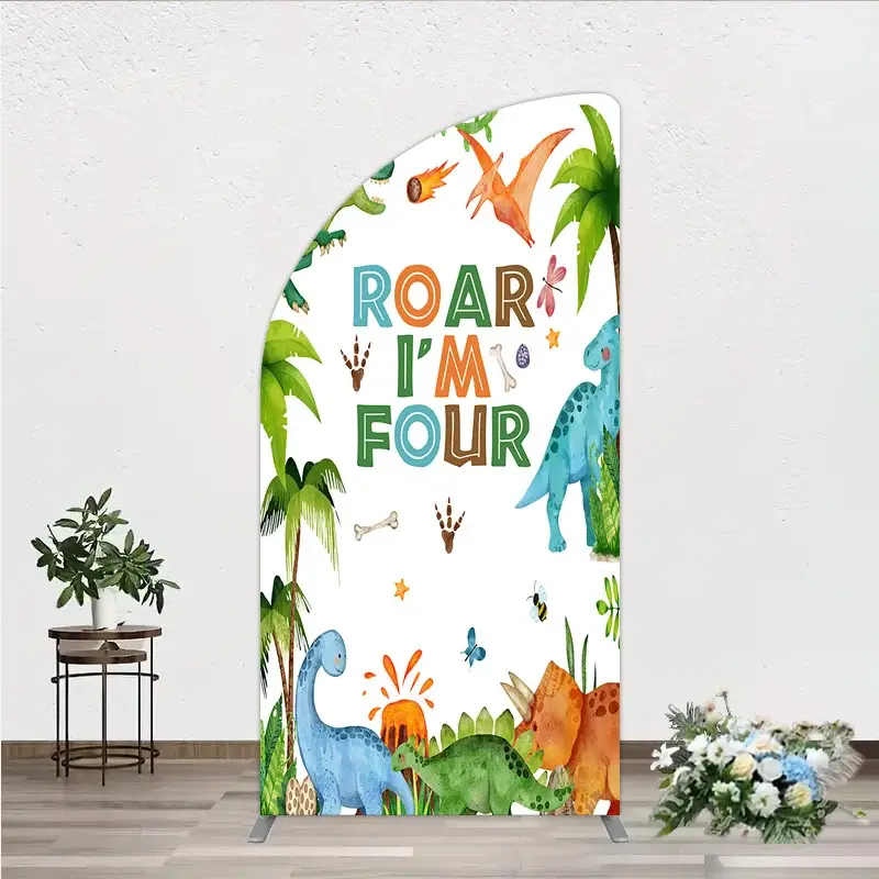 Aperturee Roar I'm Four Dinosaur Birthday Half Moon Arch Backdrop, Boys 4th Bday Party Banner, T-Rex and Volcano Jungle Photo Prop, 1.6x4ft (50x1