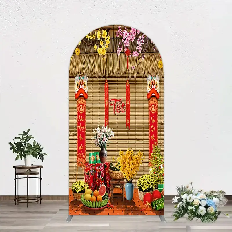 Aperturee Tet Lunar New Year Holiday Arch Backdrop, Vietnamese Traditional Spring Flowers and Lion Dance Background for Photography