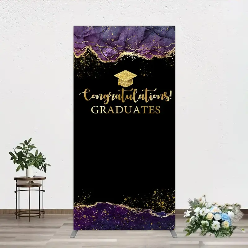 Aperturee Congratulations Graduates Rectangle Backdrop in Black and Gold, Purple Agate with Glitter, Elegant Grad Party Photo Booth