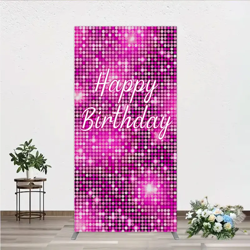 Aperturee Happy Birthday Pink Disco Rectangle Backdrop, Glam Sequin Glitter Effect, Girl's Night Out Party Photo Booth Decor, 1.6x4ft (50x120cm)
