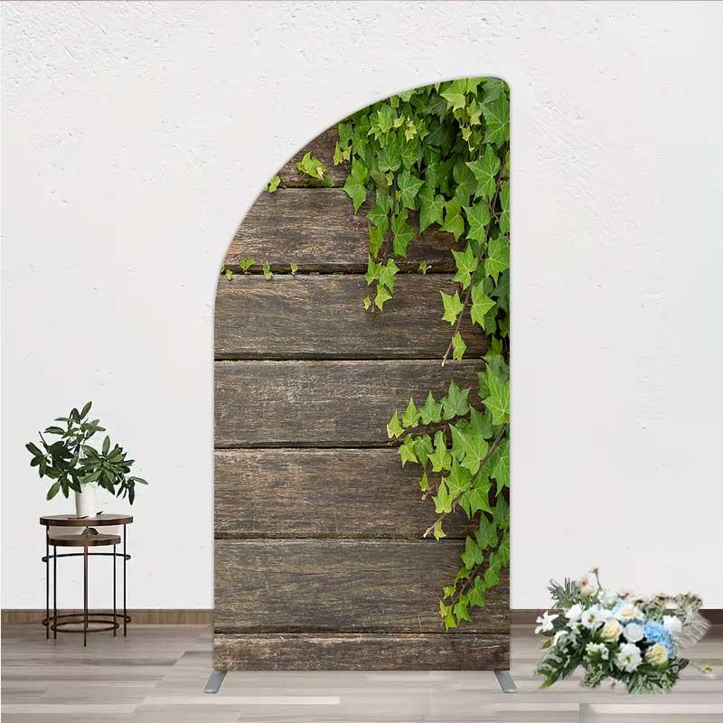 Aperturee Rustic Wood Arch Backdrop Dark Brown Wooden Planks with Green Ivy Leaves Background, Professional Nature Photo Prop