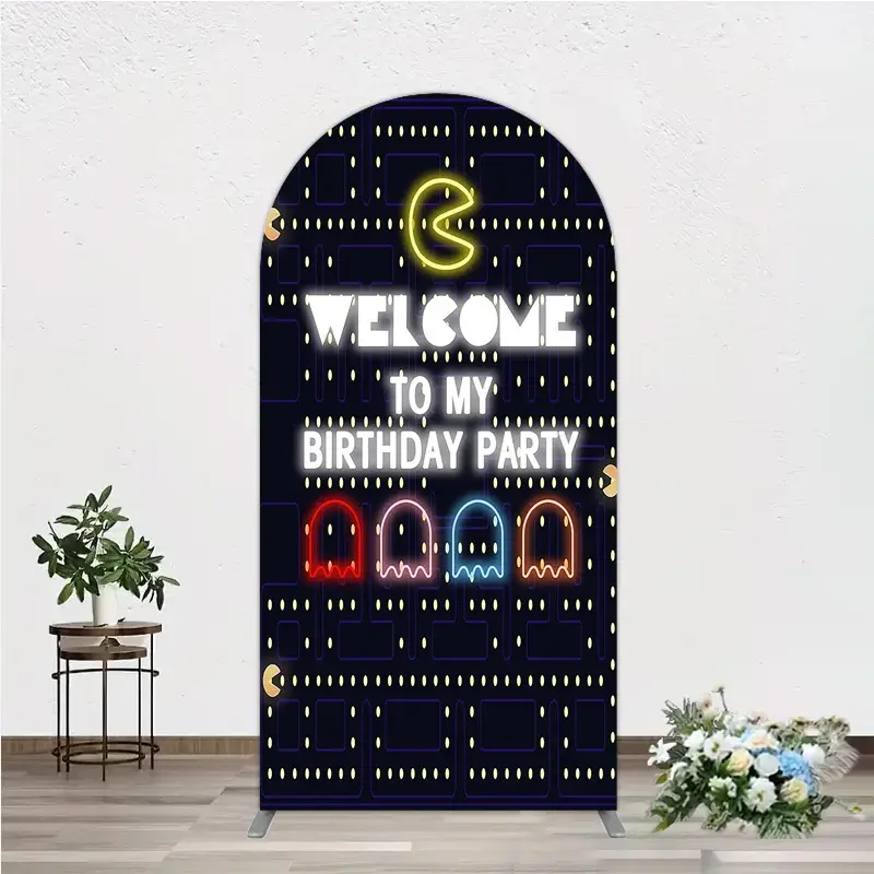Aperturee Retro Arcade Game Birthday Arch Backdrop, Inspired 80s Video Game, Welcome to My Party Neon Sign Decor, 1.6x4ft (50x