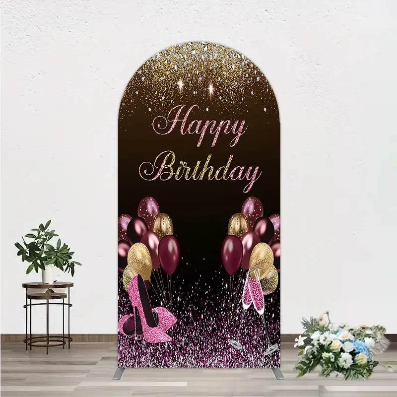 Aperturee Black and Gold Glitter Arch Backdrop, High Heels Champagne Birthday Party Decor, Professional Studio Background for Portrait