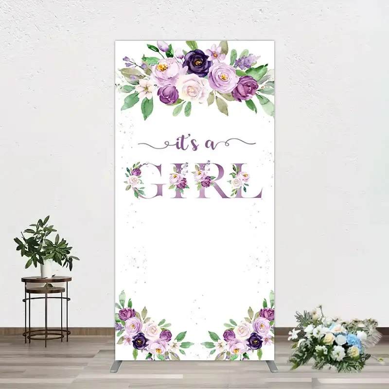 Aperturee Floral Purple Series Girl Baby Shower Rectangle Backdrop, 1.6 x 4 ft (0.5 x 1.2 m), 98.18 USD, arch backdrop kit, GZH0D811CF-AJ