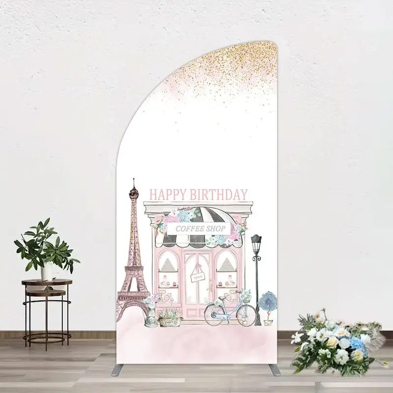 Aperturee Sweet Pink Paris French Cafe Birthday Half Moon Arch Backdrop, 1.6 x 4 ft (0.5 x 1.2 m), 98.18 USD, arch backdrop kit, GZH0E410YL-AJ