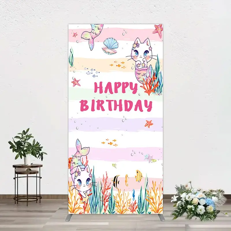 Aperturee Mermaid Cat Cartoon Happy Birthday Rectangle Backdrop, 1.6 x 4 ft (0.5 x 1.2 m), 98.18 USD, arch backdrop kit, GZH0E710CF-AJ