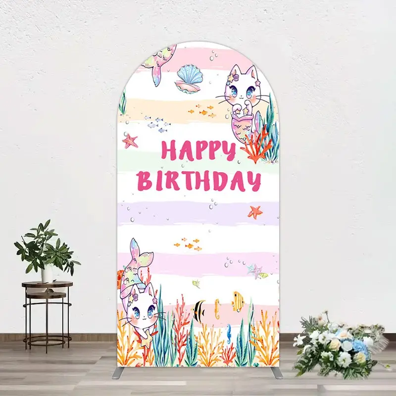 Aperturee Mermaid Cat Cartoon Happy Birthday Arch Backdrop, 1.6 x 4 ft (0.5 x 1.2 m), 98.18 USD, arch backdrop kit, GZH0E710-AJ