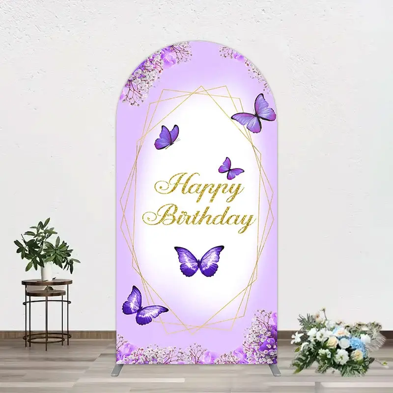 Aperturee Violet Floral Butterfly Happy Birthday Arch Backdrop, 1.6 x 4 ft (0.5 x 1.2 m), 98.18 USD, arch backdrop kit, GZH0F092-AJ