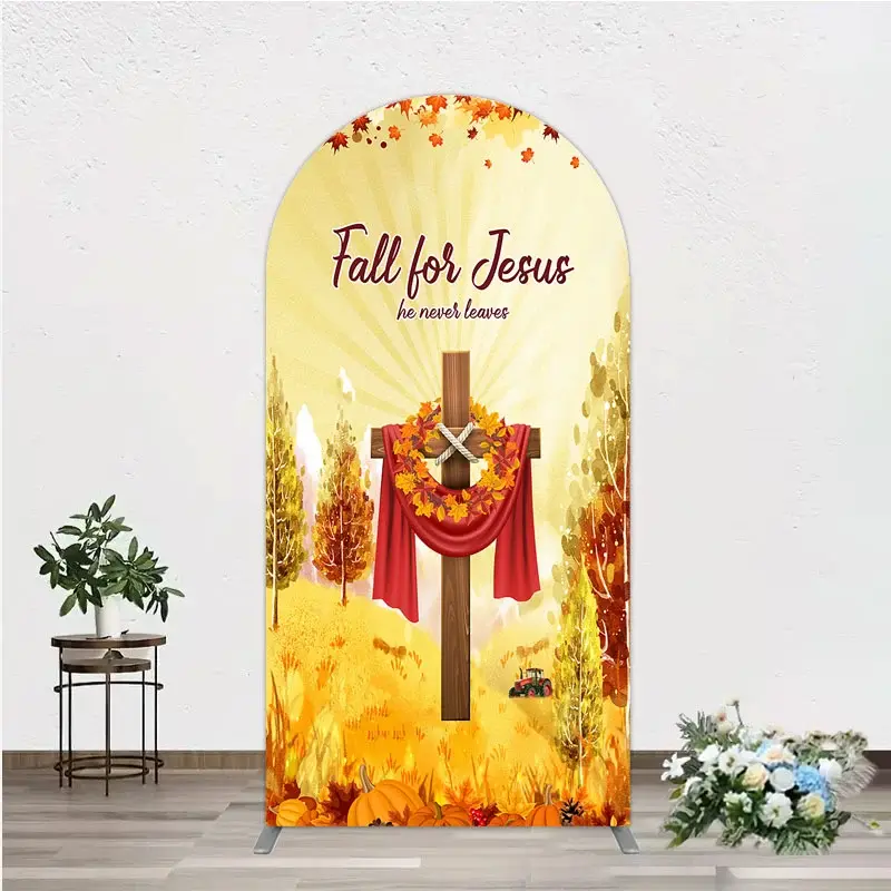 Aperturee Fall for Jesus Arch Backdrop for Christian Autumn Festival, Cross with Pumpkins, He Never Leaves Harvest Decor, 1.6x4ft (50x120cm)