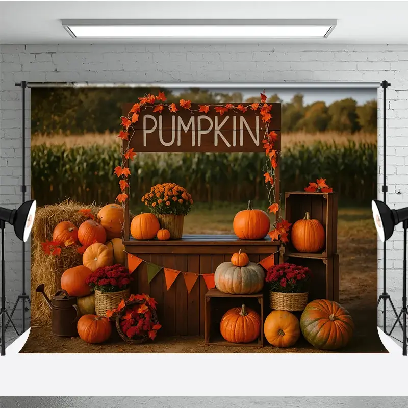 Aperturee Rustic Pumpkin Patch Stand Photography Backdrop, Autumn Harvest Scene with Hay Bales, Fall Mini Session Background, 3x2ft (WxH)
