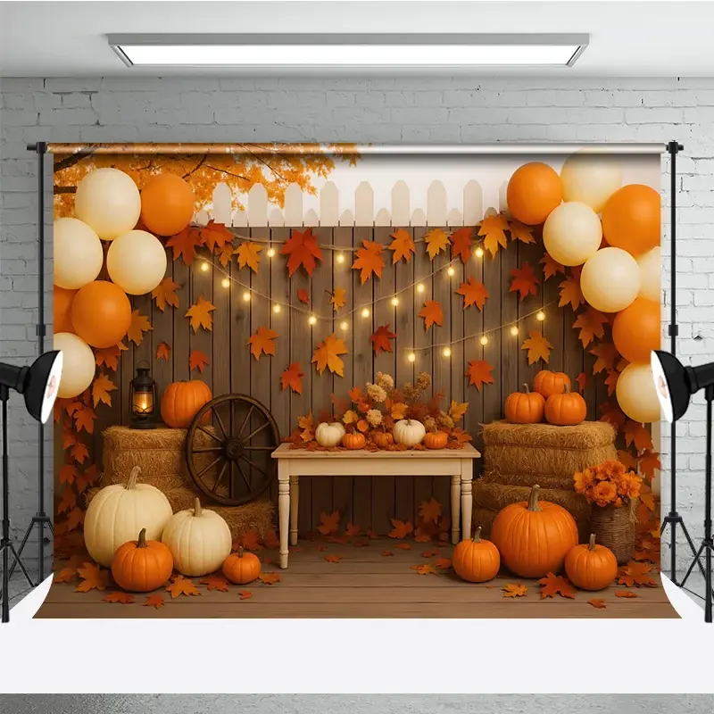 Aperturee Rustic Fall Porch Photography Backdrop with String Lights, Pumpkins and Hay Bales, Autumn Harvest Party Decor, 3x2ft (WxH)