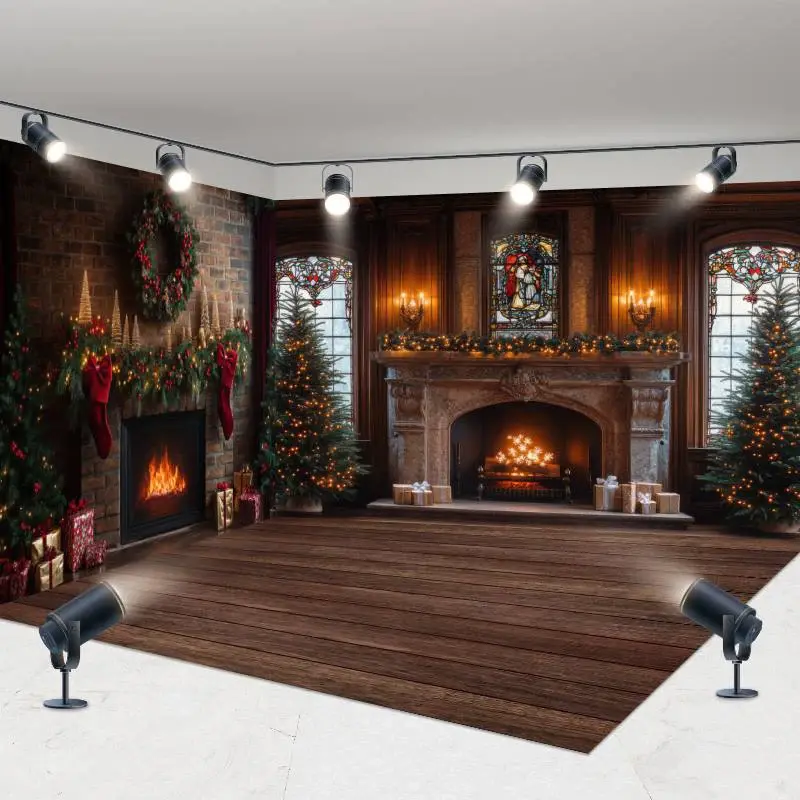 Aperturee Vintage Brown Fireplace Christmas Room Set Backdrop | Xmas Backdrop | Christmas Background Photography | Christmas Photo Booth Backdrop