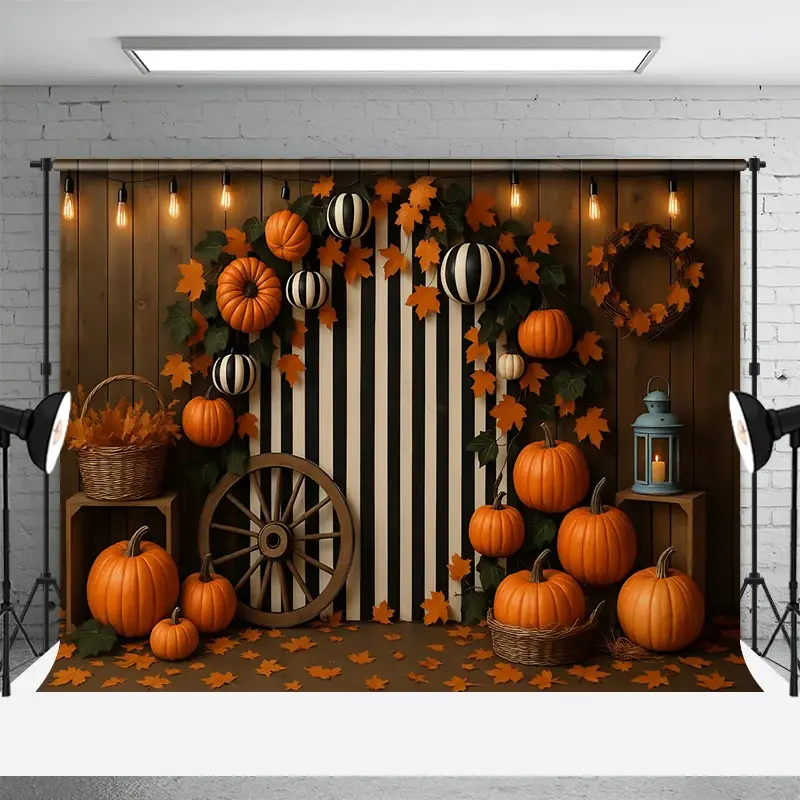 Aperturee Stripes Meets Pumpkins Sweet Cake Smash Backdrop, 3X2FT(1MX0.6M), 14 USD, birthday cake smash backdrops, HFHD3L53-M