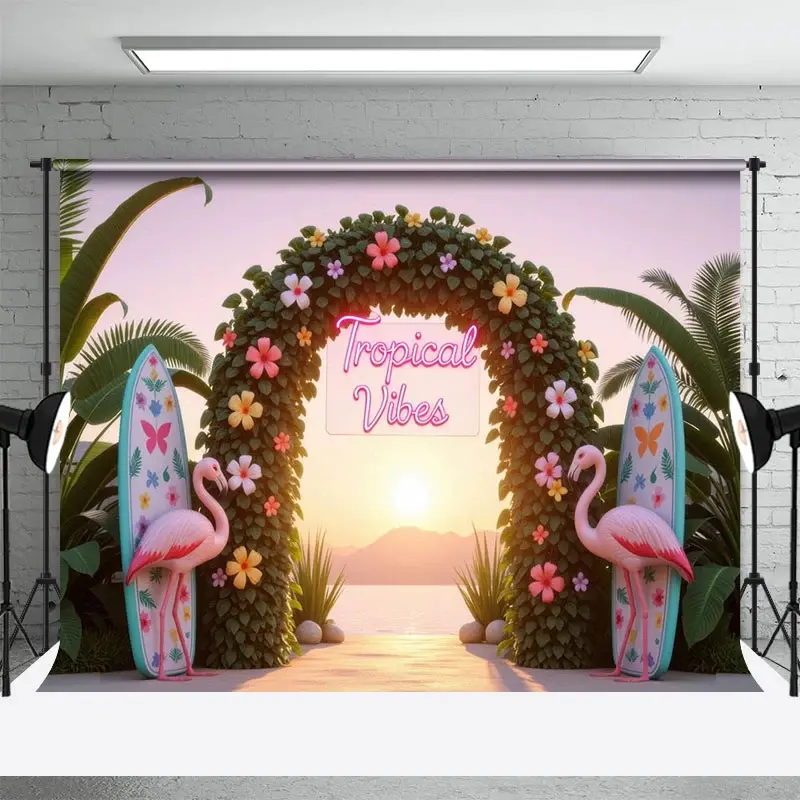 Aperturee Floral Arch Flamingo Tropical Surf Summer Backdrop, 3X2FT(1MX0.6M), 14 USD, summer backdrops, HFHD4K30-M