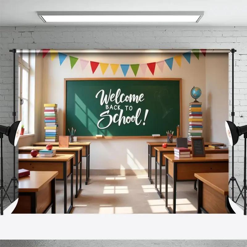 Aperturee Sunny Books Welcome Back To School Photo Backdrop, 3X2FT(1MX0.6M), 14 USD, back to school backdrops, HFHD4K31-M
