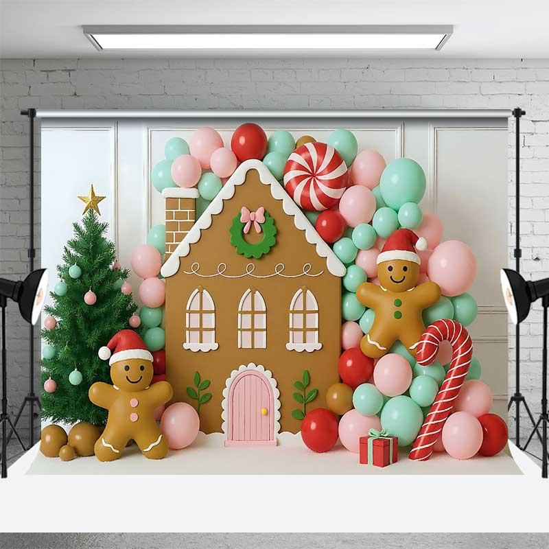 Aperturee Christmas Gingerbread House Photography Backdrop, Pastel Balloon Garland and Xmas Tree, Kids Holiday Photo Prop, 3x2ft (WxH), 14 USD
