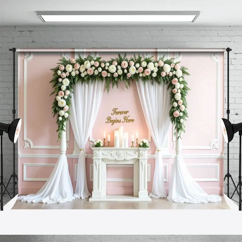 Aperturee Forever Begins Here Pink Floral Arch Wedding Backdrop, 3X2FT(1MX0.6M), 14 USD, wedding backdrops, HFHD8K41-M