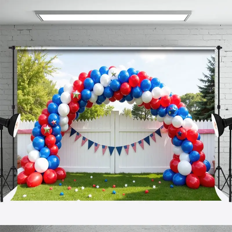 Aperturee Red White Blue Balloons Fence Cake Smash Backdrop, 3X2FT(1MX0.6M), 14 USD, birthday cake smash backdrops, HFHD8K47-M