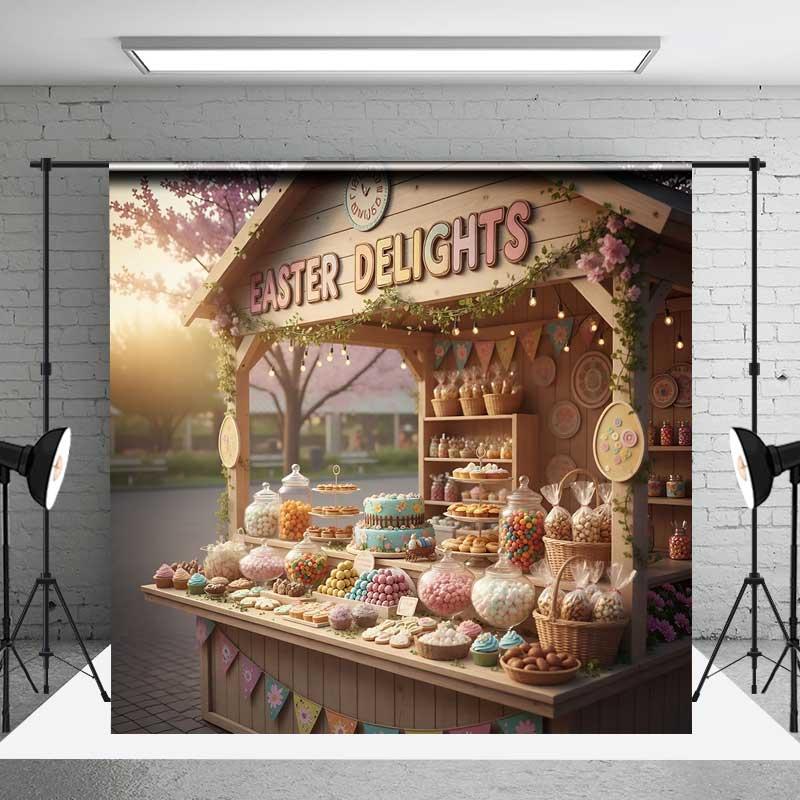 Aperturee Easter Market Stand Backdrop Spring Delights Stall Background Outdoor Floral Sweet Treat Prop