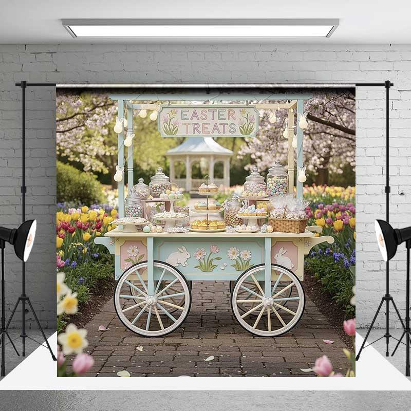 Aperturee Easter Candy Cart Backdrop Spring Garden Sweet Station Background Floral Tulip Treat Wagon Prop