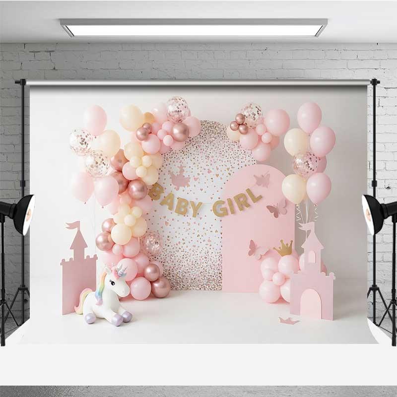 Aperturee Baby Girl Unicorn Cake Smash Backdrop Pink Castle and Balloons Party Background for Girls Studio