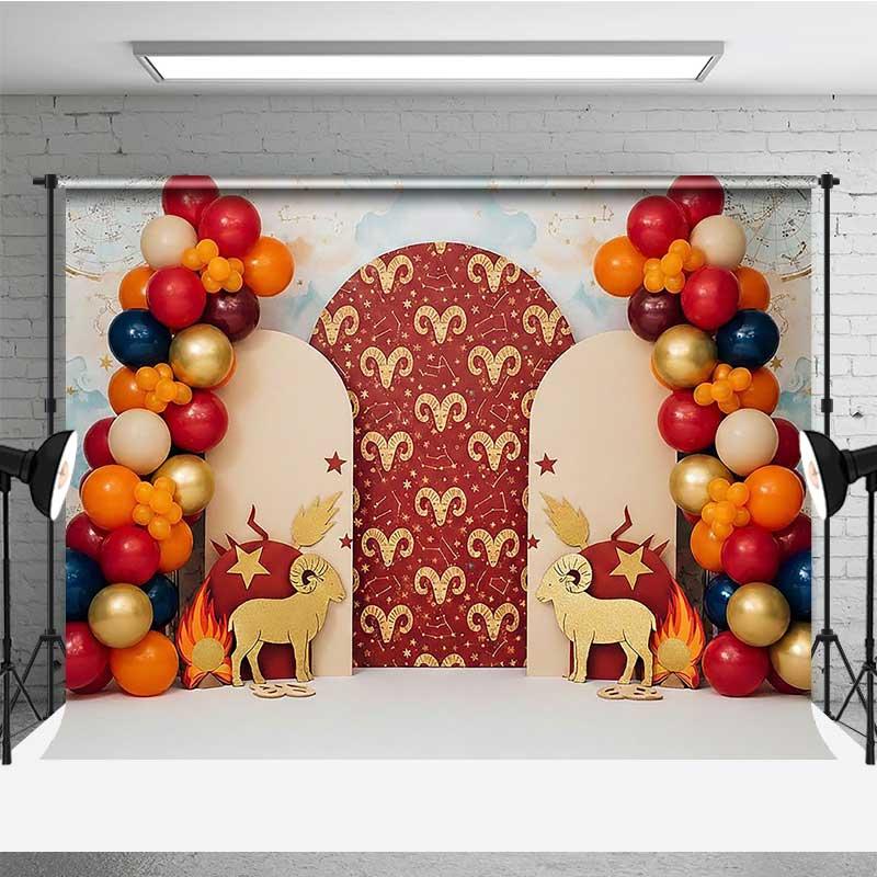 Aperturee Aries Zodiac Cake Smash Backdrop Red and Gold Ram Party Background for Astrology Birthday Studio