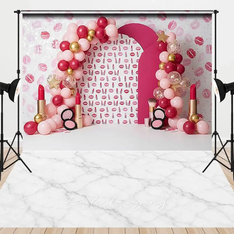 Aperturee Combo Set Backdrop, Pink Makeup Theme with Lipsticks and Balloons for Girls Birthday Party Decoration Prop