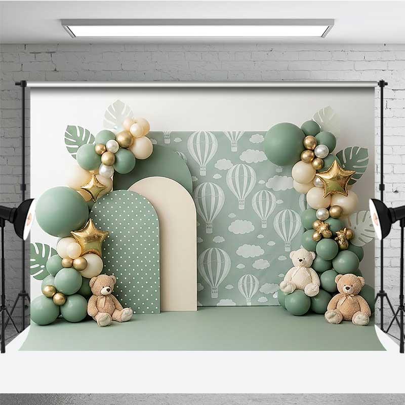 Aperturee Sage Green Hot Air Balloon Photography Backdrop, Teddy Bear Studio Photo Background