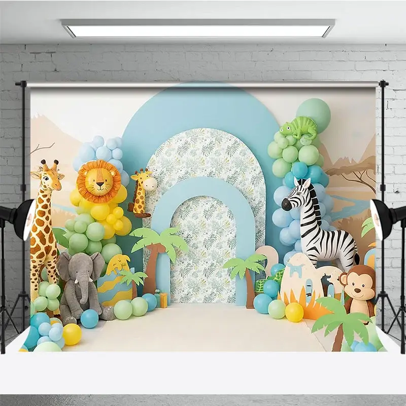 Aperturee Wild One Safari Animals and Jungle Backdrop, Giraffe Zebra and Elephant Zoo Theme for Boy, Photography Prop