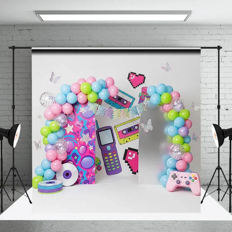 Aperturee 90s Retro Nostalgia Arch Backdrop, Cassette and Game Controller for Birthday Party Studio