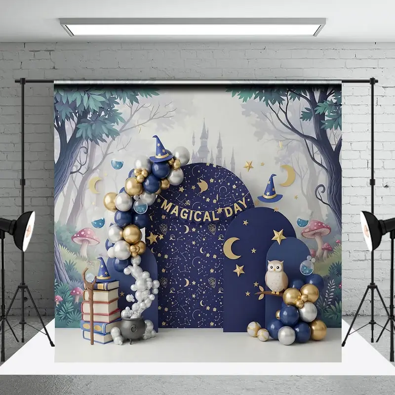 Aperturee Magical Wizard Arch Backdrop, Navy Blue Moon and Stars Night Sky Photography Background for Studio Photo Booth