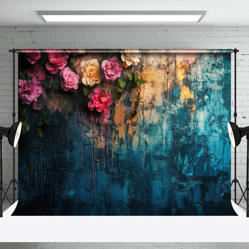 Aperturee Pink Floral Lake Blue Fine Art Photography Backdrop | Portrait Photography Studio Backdrops | Photo Booth Backdrop | Photo Booth Background