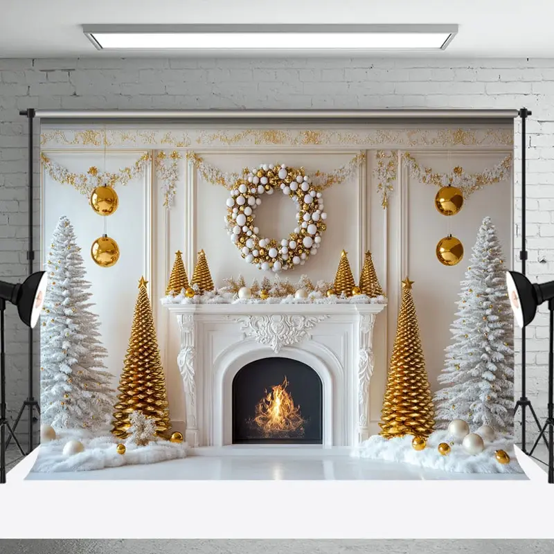 Aperturee Snowy Tree Cozy Fireplace Warm Christmas Backdrop | Xmas Backdrop | Christmas Scenic Backgrounds | Christmas Backdrops For Photography