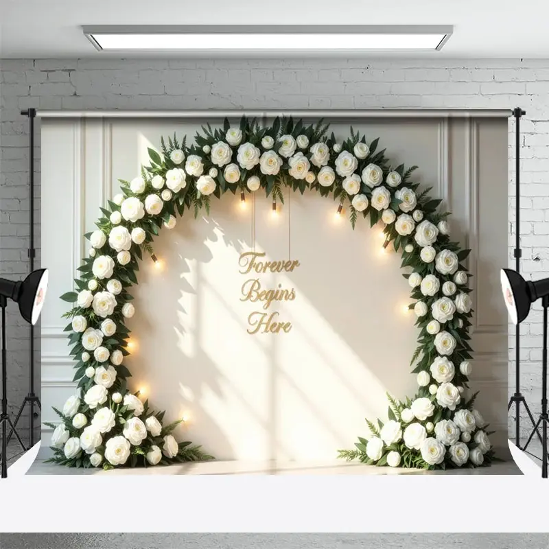 Aperturee White Floral Circular Arch Lights Wedding Backdrop, 3X2FT(1MX0.6M), 14 USD, wedding backdrops, HFHD9K26-M
