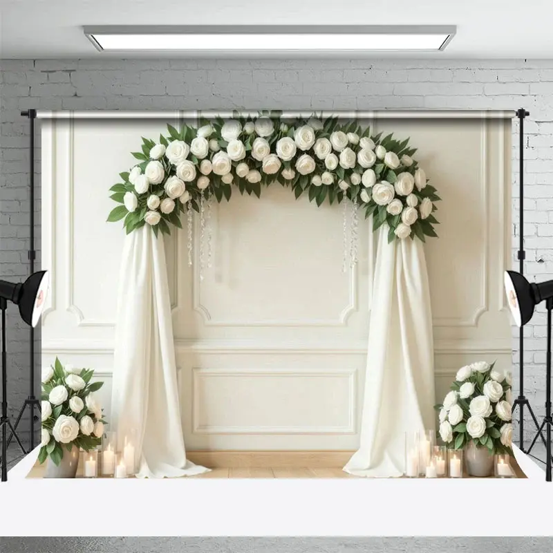 Aperturee White Tulle And Roses Floral Arch Wedding Backdrop, 3X2FT(1MX0.6M), 14 USD, wedding backdrops, HFHD9K29-M