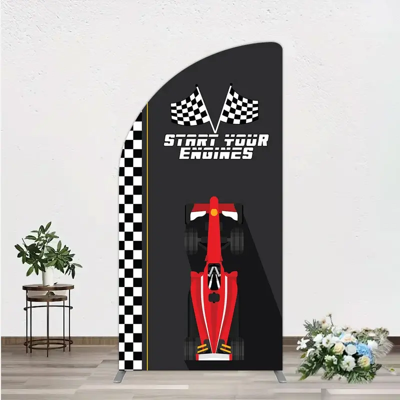 Aperturee Start Your Engines Race Car Half Moon Arch Backdrop for Baby Shower, Red Car and Checkered Flag, Boy Party Photo Booth, 1.6x4ft (50x120cm)