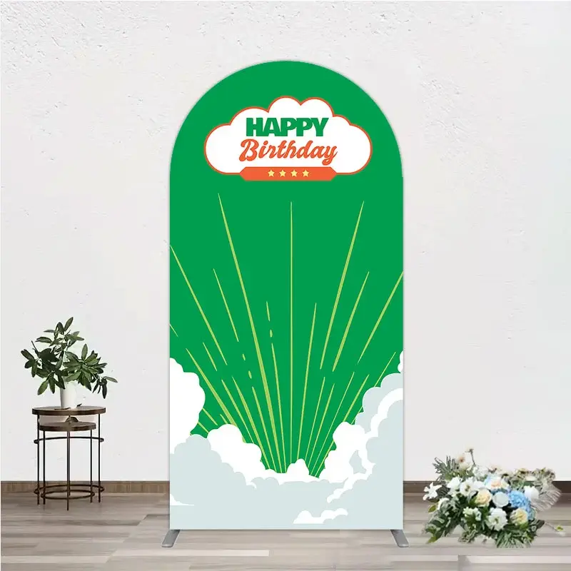 Aperturee Retro Sunburst Happy Birthday Arch Backdrop, Professional Green Cloud Studio Decor