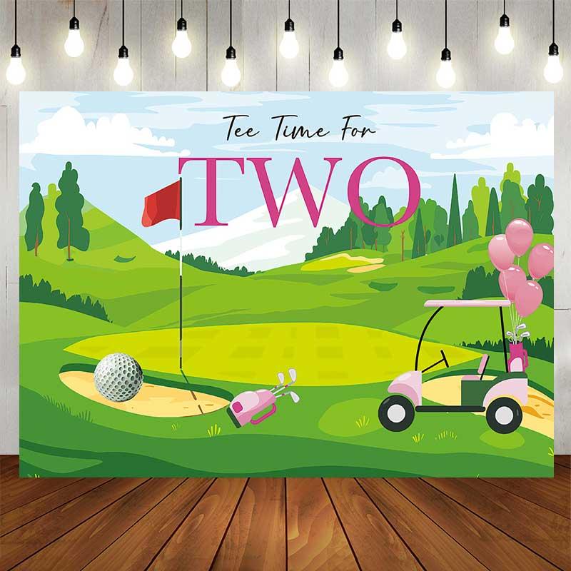 Aperturee Tee Time for Two Girls Birthday Backdrop, Pink and Green Golf Course Scenery, Summer Sports Themed Party Photo Prop, 5X3FT(1.5X1M), 15.07