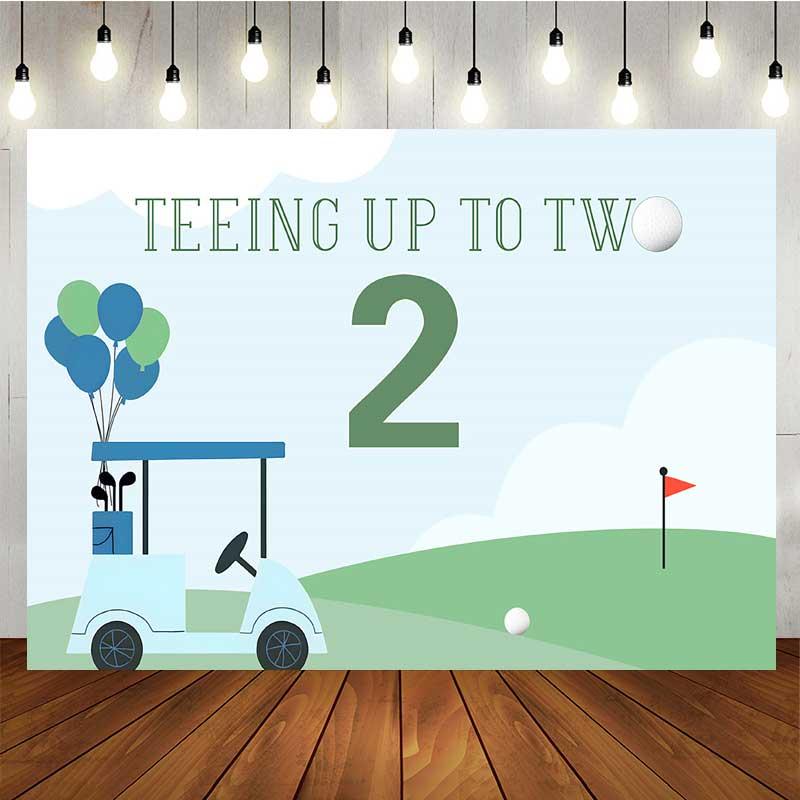 Aperturee Teeing Up to Two Golf Themed Birthday, Boys 2nd Bday Party Backdrop, Blue and Green Golf Cart Scenery Banner, 5x3f