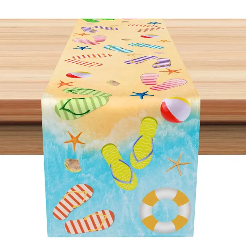 Aperturee Summer Beach Vacation Table Runner, Flip Flops and Ocean Waves Design, Tropical Coastal Kitchen or Party Decor,