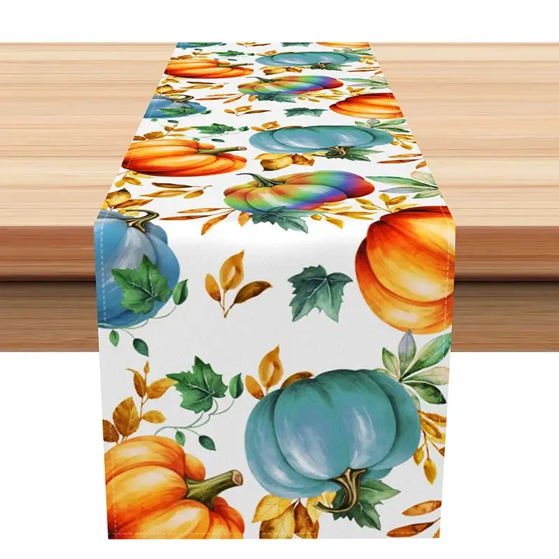 Aperturee Autumn Leaves and Pumpkins Table Runner, Rustic Fall Harvest Decor, Modern Farmhouse Thanksgiving Kitchen,