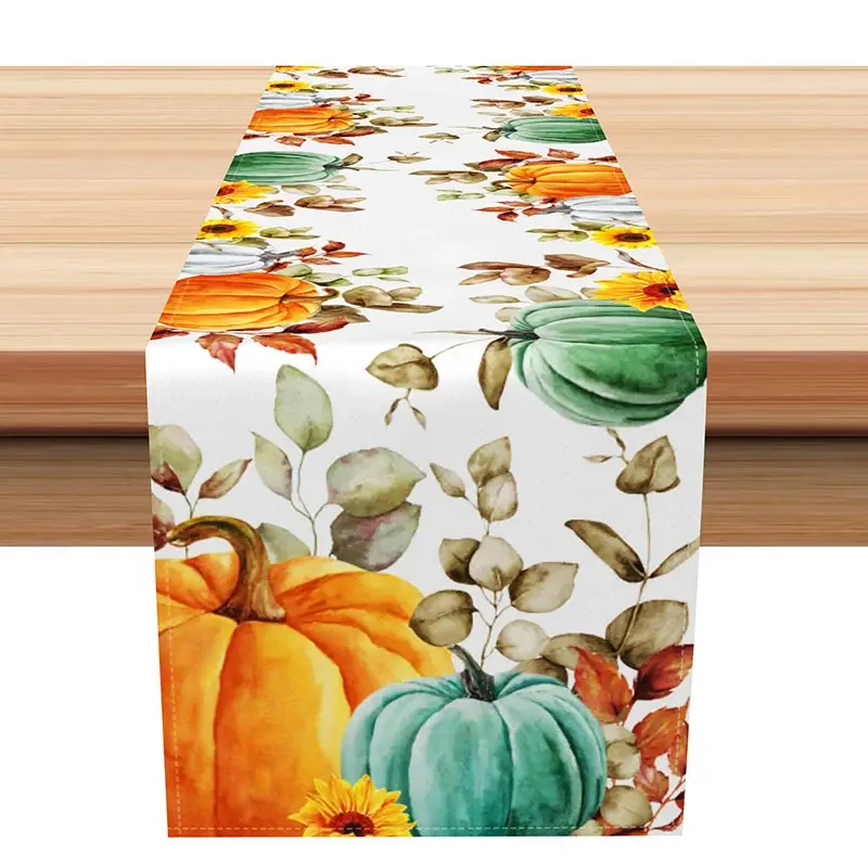 Aperturee Autumn Pumpkin and Sunflower Table Runner, Rustic Stacked Jack O' Lanterns, Fall Harvest Thanksgiving Decor,