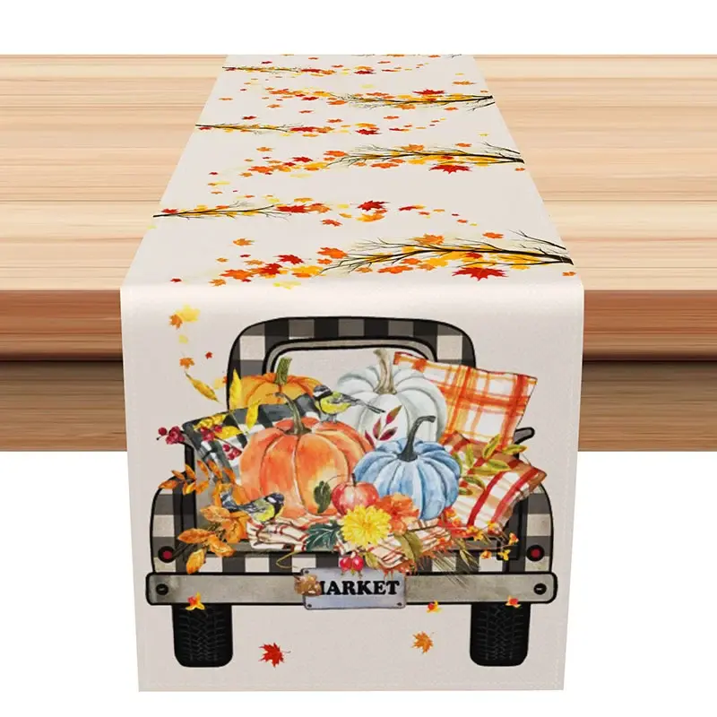 Aperturee Fall Harvest Pumpkin Truck Table Runner, Vintage Red Truck with Autumn Leaves, Rustic Thanksgiving Kitchen Decor,