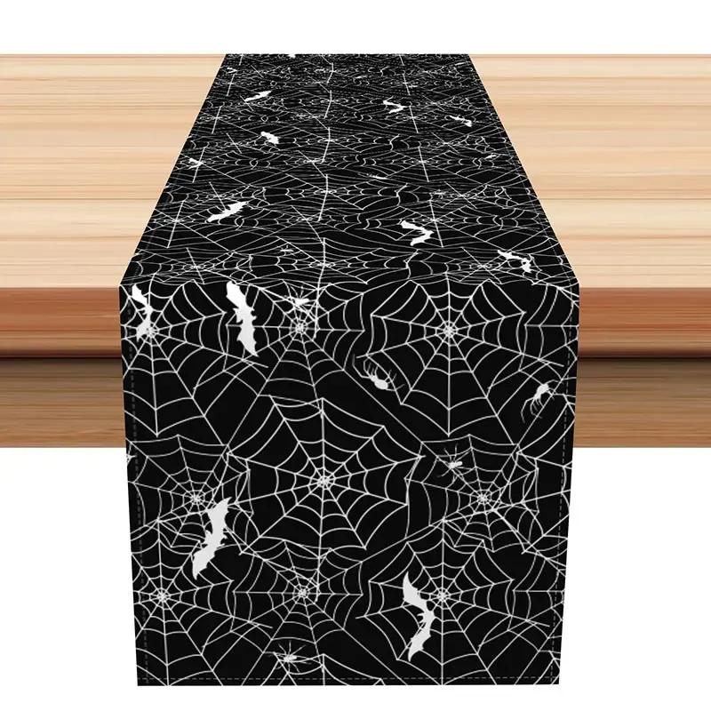 Aperturee Black Bat and Spider Web Halloween Table Runner, Spooky Gothic Dining Decor, Haunted House Party Decoration,