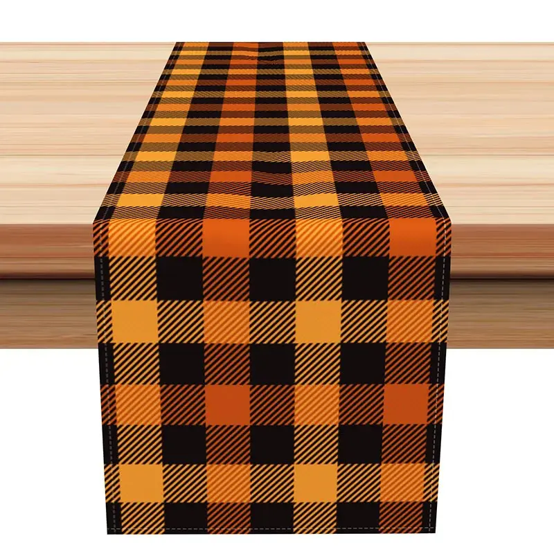 Aperturee Orange Plaid Autumn Table Runner, Rustic Farmhouse Dining Decor, Thanksgiving and Fall Harvest Kitchen Linen,