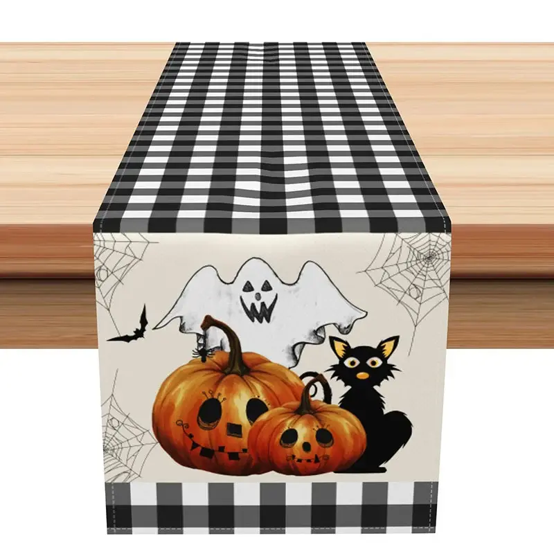 Aperturee Halloween Plaid Table Runner with Ghost and Cat, Spooky Pumpkin Patch Design, Fun Kids Trick or Treat Party Decor,