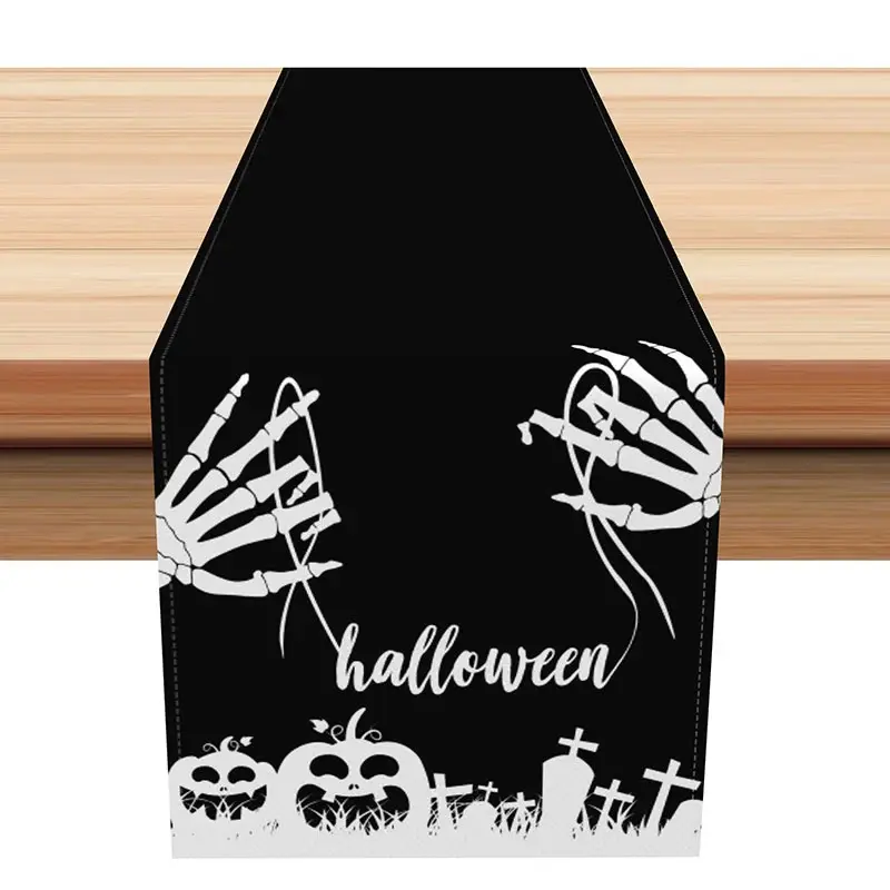 Aperturee Scary Cemetery Halloween Table Runner, Black and White with Tombstones, Haunted Graveyard and Full Moon Decor,