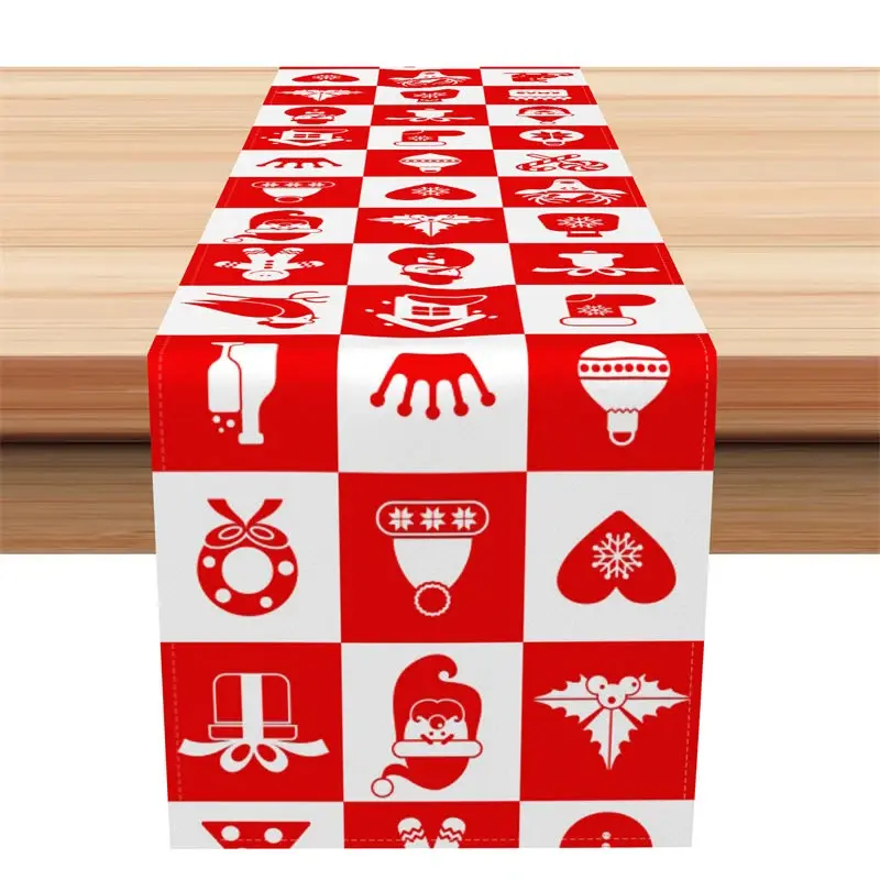 Aperturee Christmas Table Runner, Red and White Checkered Icon Pattern, Santa Snowflake Holiday Table Decor