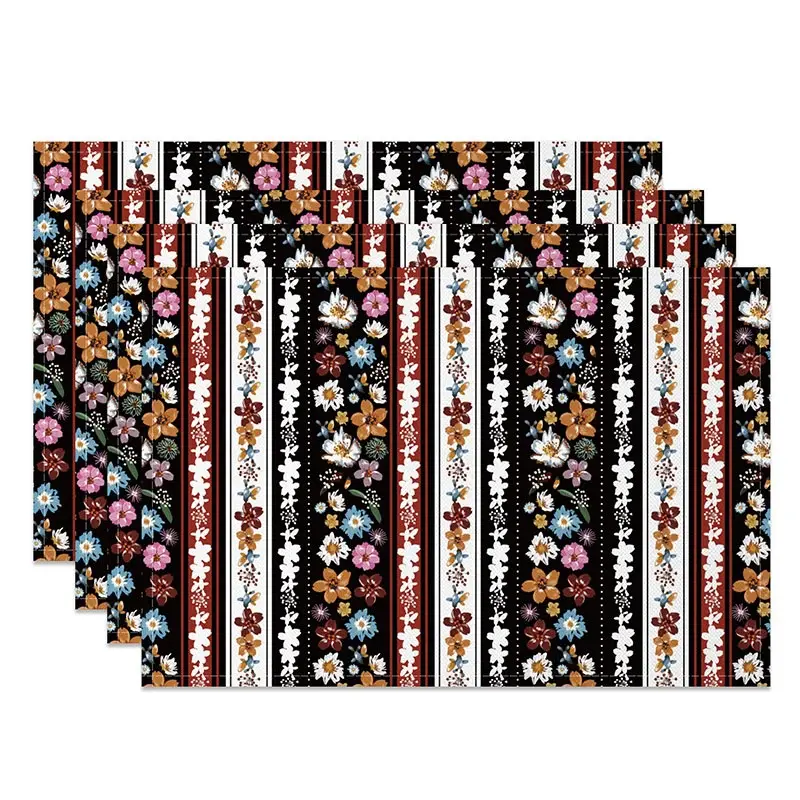 Aperturee Vintage Floral Stripe Set of 4 Placemats, Multi Color Flower Pattern, Retro Kitchen Table Mats Decor