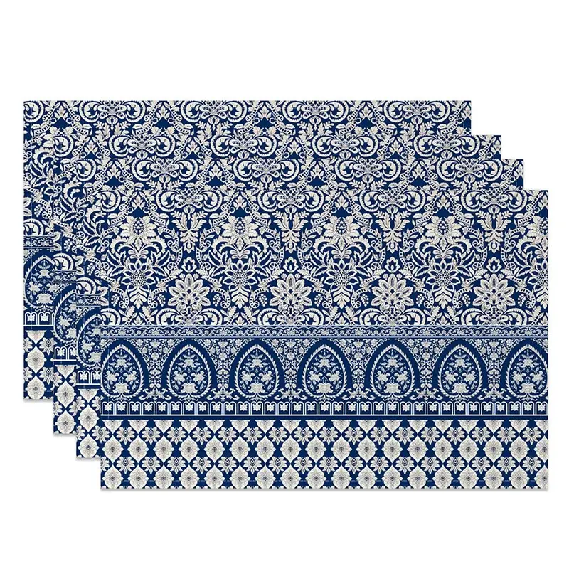 Aperturee Blue and White Damask Set of 4 Placemats, Vintage Floral Pattern, Classic Dining Table Mats Decor